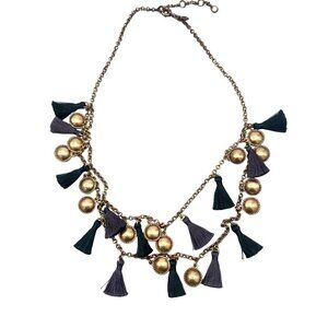 J. Crew Collar Thread Tassel Charm Statement Necklace Gold Tone 21-23 Inches